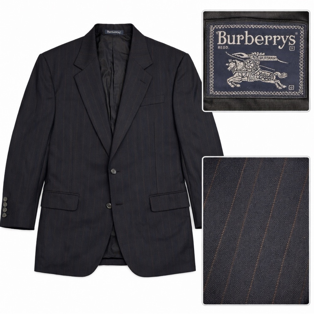 Burberrys Vintage 2 Button Jacket Blazer Navy Blue Tan Pinstripe 46R 100% Wool
